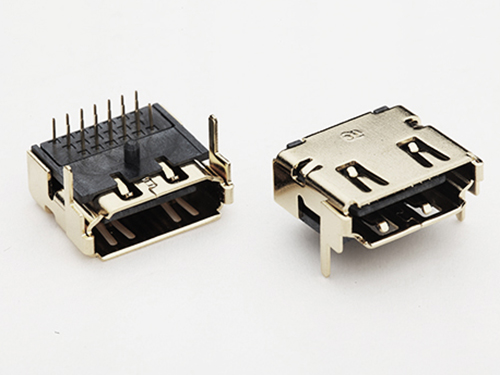 HDMI A型19P母座 90度板上前兩腳+三排針插板 有柱